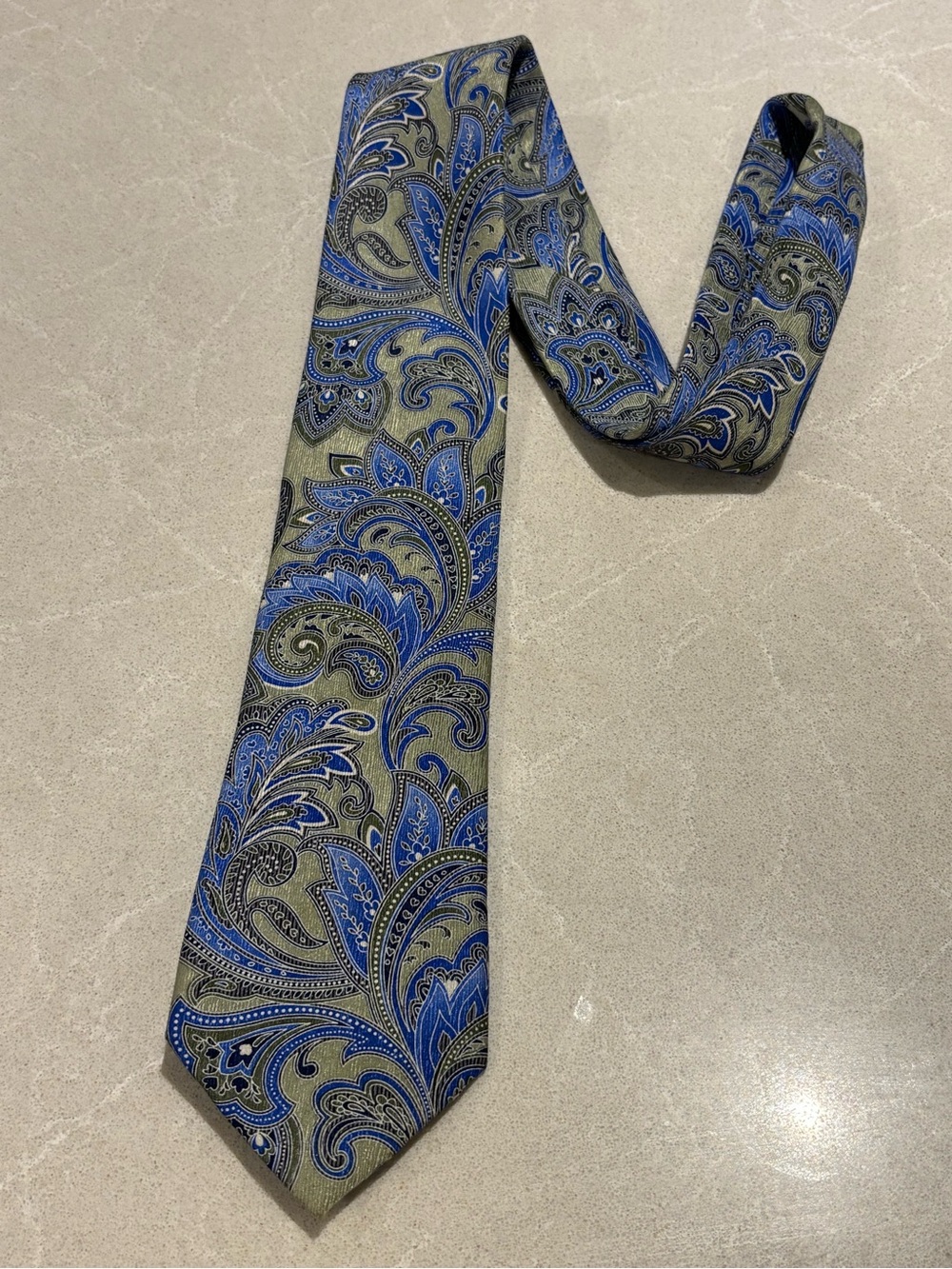 Perry Ellis Portfolio Silk Paisley Tie Blue Gray Mens Necktie Elegant EUC